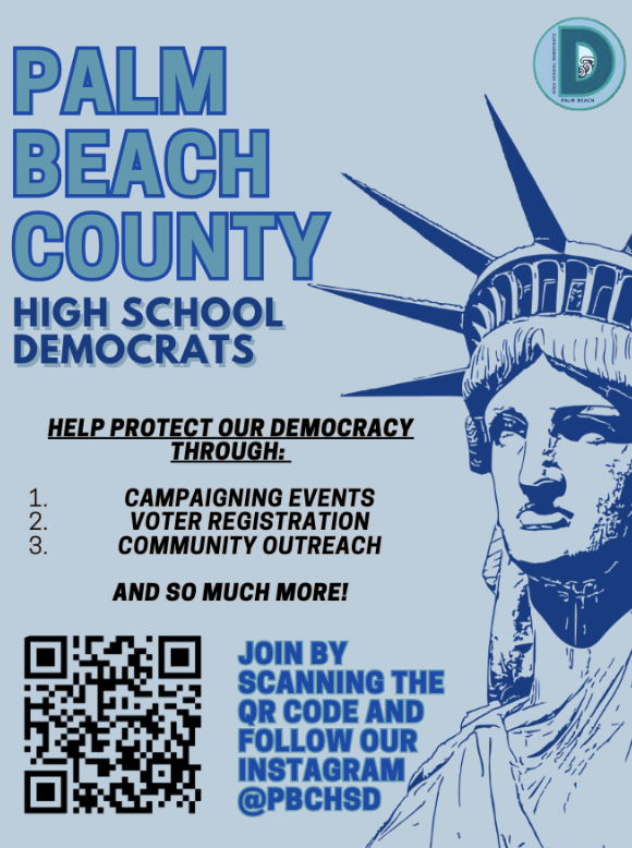 Palm Beach County High School Democrats flyer featuring Statue of Liberty and ways to help protect democracy